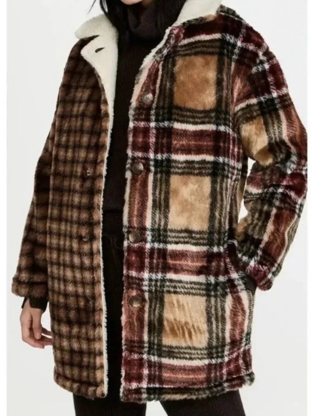 Something Navy Faux Fur contrast Plaid Coat in Brown